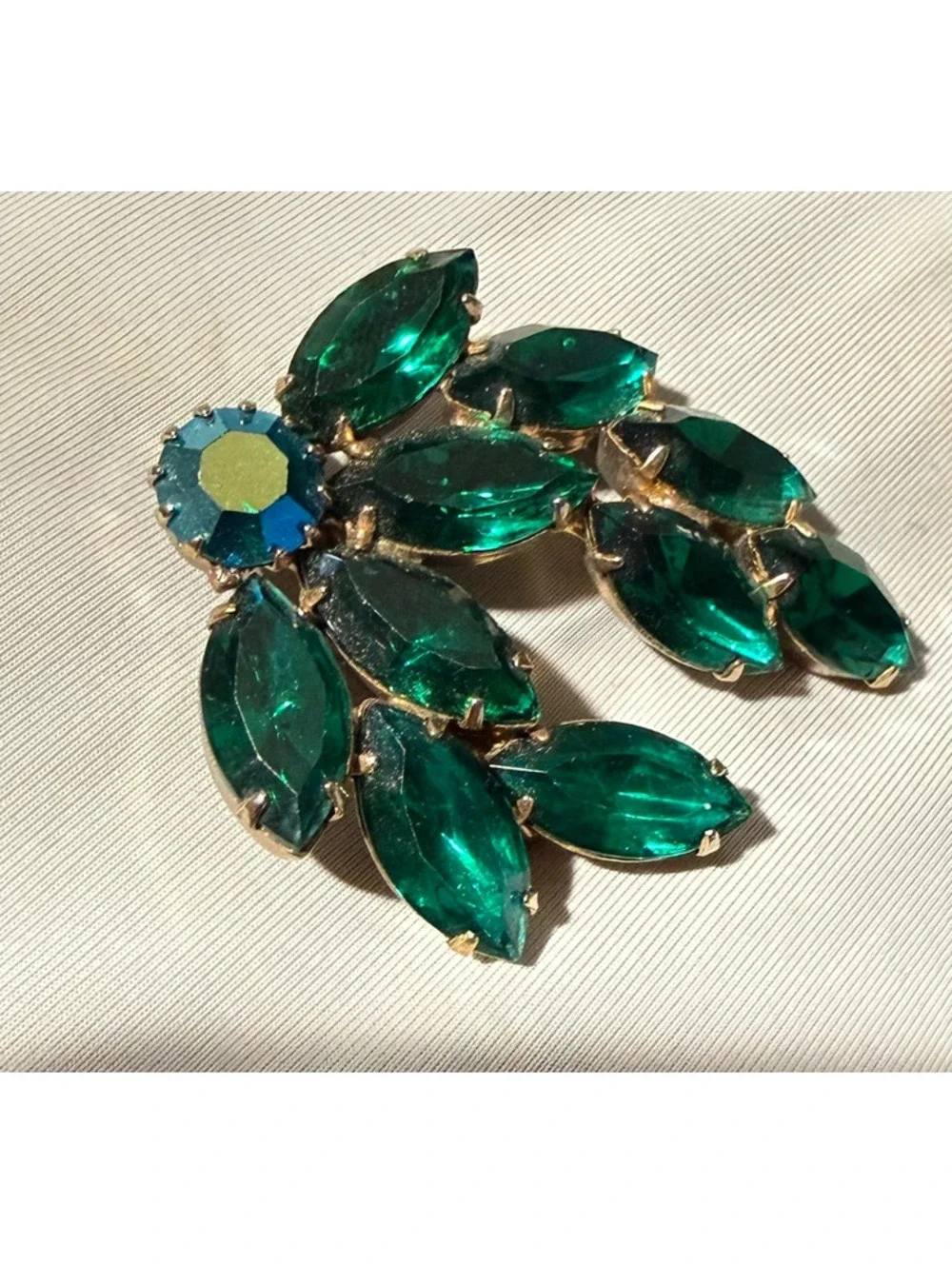 Vintage Emerald Green, Aurora Borealis Navette Crystal Brooch